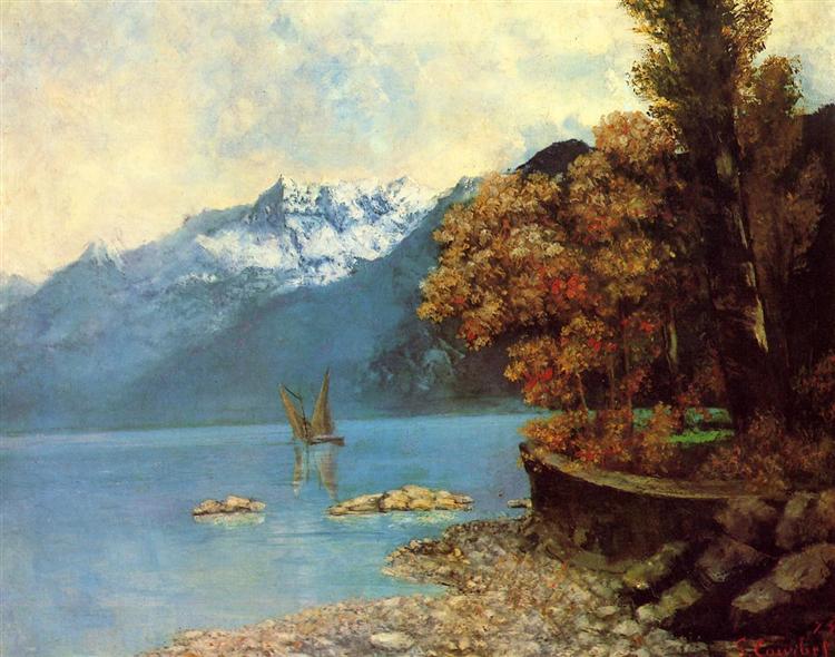 Gustave Courbet, o lago Léman, o barco a vela, os Alpes nevados ao fundo