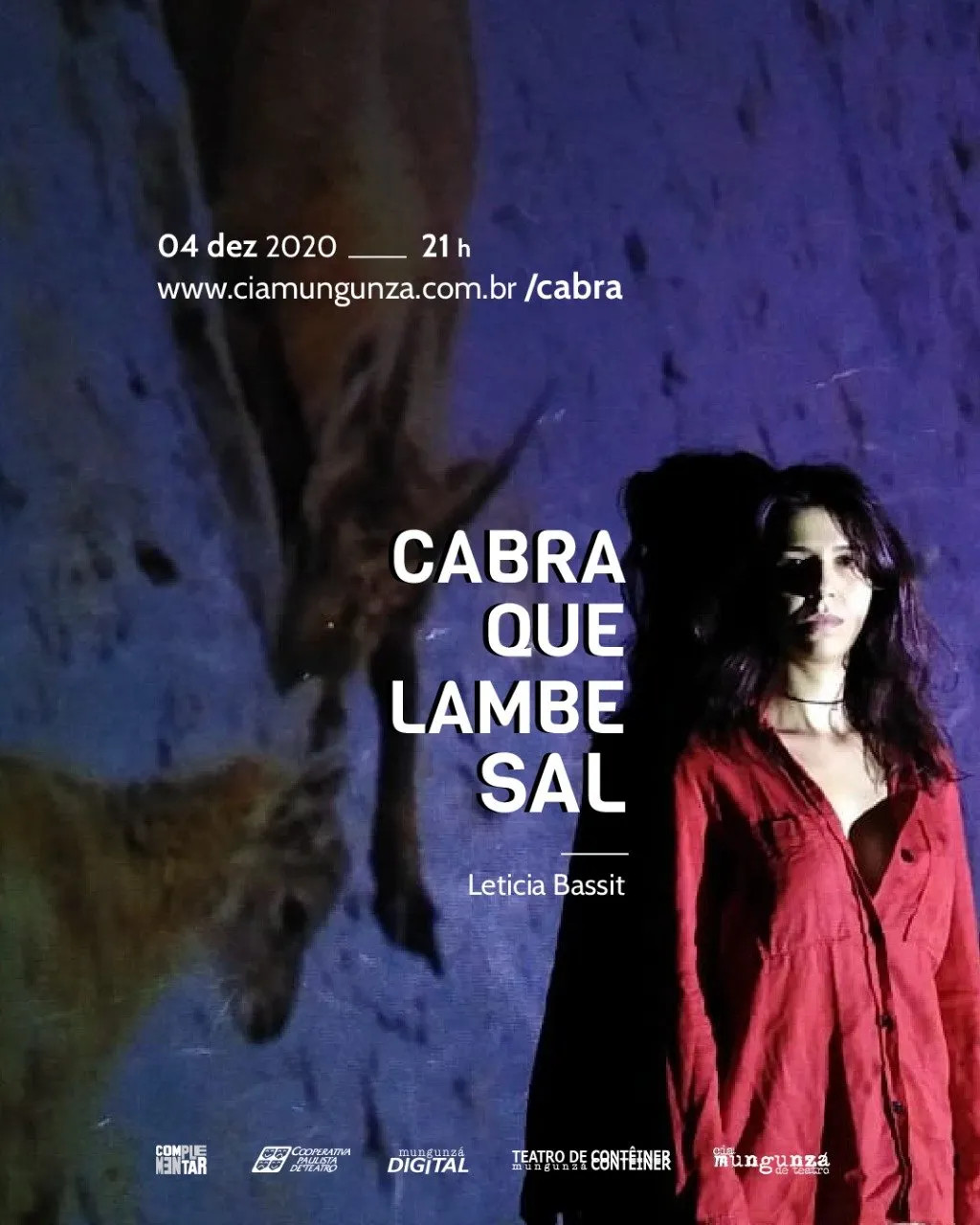 Cartaz de Cabra que lambe sal, com Letícia Bassit de vermelho diante de projeções de cabras; apresentação anunciada para 4 de dezembro de 2020, às 21h.